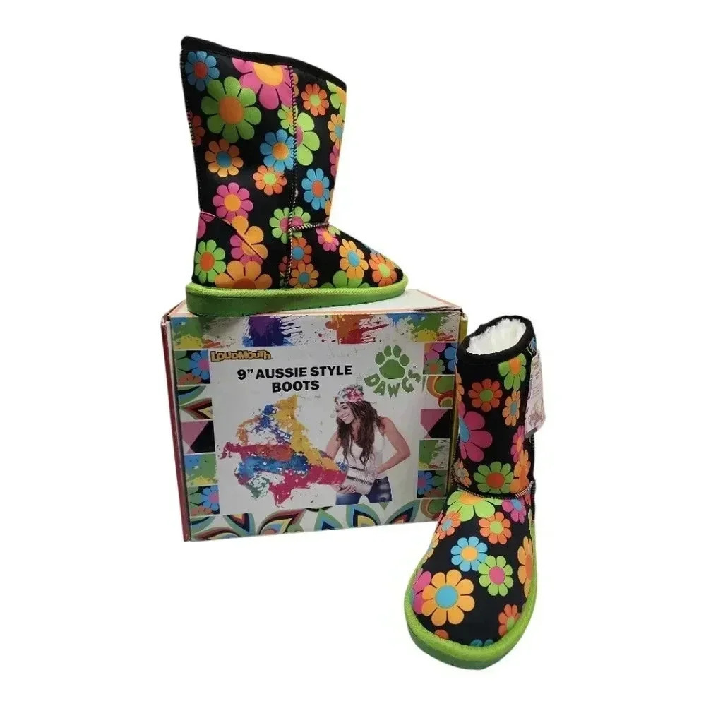 Y2K Flower Power Winter Boots Faux Fur Lined Retro Hippie Floral Sz 7 - Picture 2 of 16
